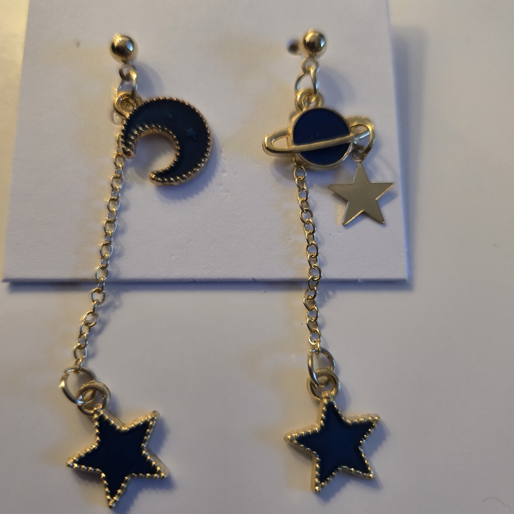 Gold and Blue Celestial Dangle Earrings